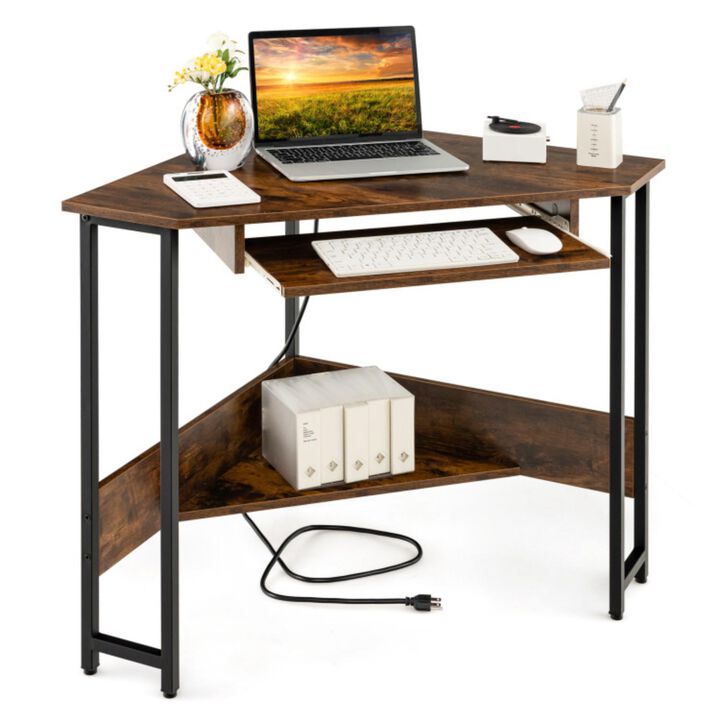 Hivvago Triangle Corner Desk with Charging Station Keyboard Tray and Storage Shelf-Rustic Brown