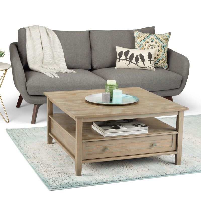 Warm Shaker SOLID WOOD 36 inch Wide Square Transitional Coffee Table in Distressed Grey