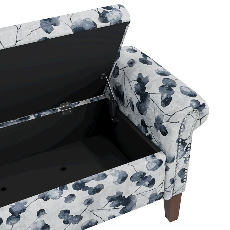 HL Home Furnishings Rolled Arm Storage Ottoman in Black Floral Bonsai