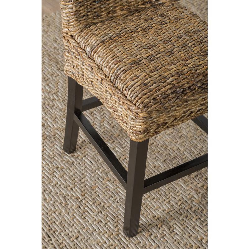Woven Rattan Counter Height Stool with Wooden Legs and Low Profile Backrest, Brown and Black-Benzara