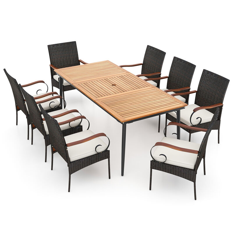 Outdoor Dining Table and 8 Rattan-woven Dining Chairs with Acacia Wood Tabletop