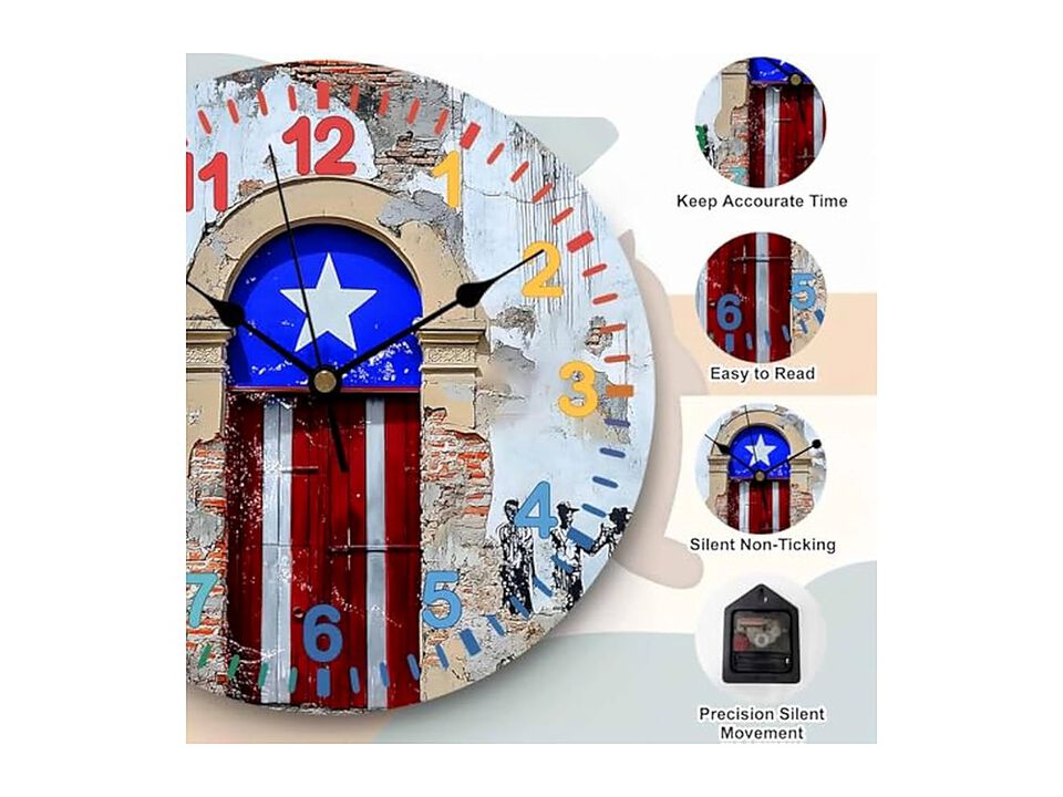 Puerto Rico Flag Country Rustic Shabby Wall Clock 14 Inch Silent Non Ticking