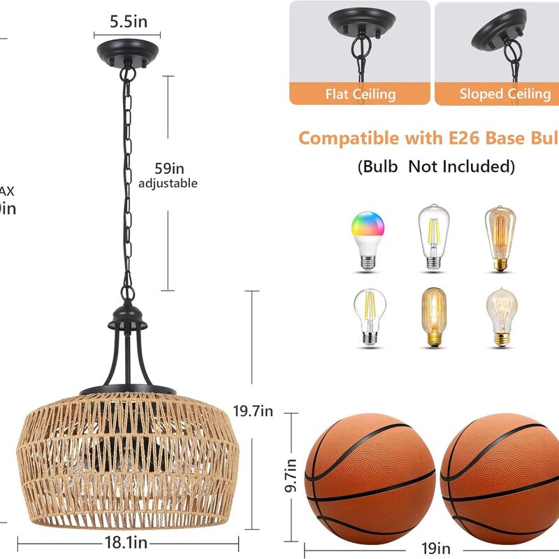 ELEMENT ACE 5-Light Rattan Boho Chandelier Light Fixture with Wicker Lampshade, Farmhouse Hanging Pendant Lighting for Dining Room Kitchen Island Bedroom Living Room Nursery image number 2