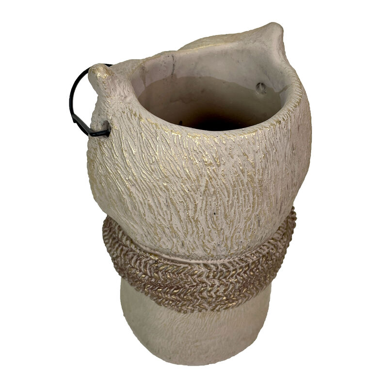 Bespectacled Owl Cement Vase 8.25" Gold Accents Knit Scarf Real Wire Glasses image number 3