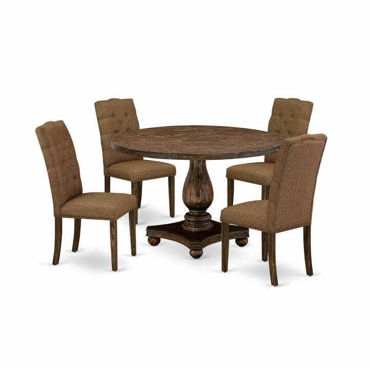 East West Furniture I2EL5-718 5Pc Dinette Set - Round Table and 4 Parson Chairs - Distressed Jacobean Color