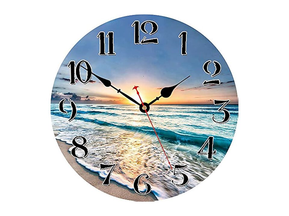 Ocean Wave Pattern Wooden Wall Clock 14 Inch Silent Non Ticking Easy Read Wood