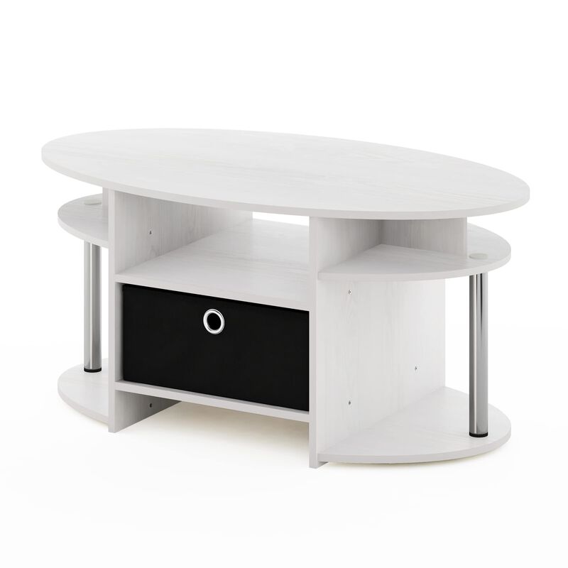 Furinno Jaya Simple Design Oval coffee Table with Bin for Living Room, White OakchromeBlack