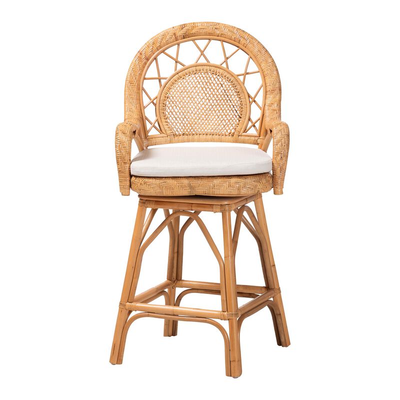 bali & pari Adam Natural Rattan Counter Stool with Cushion - Handwoven Wicker Swivel Bar Chair for Kitchen Island or Lounge Area