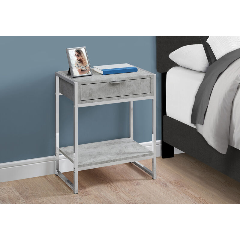 Monarch Specialties I 3481 Accent Table, Side, End, Nightstand, Lamp, Storage Drawer, Living Room, Bedroom, Metal, Laminate, Grey, Chrome, Contemporary, Modern