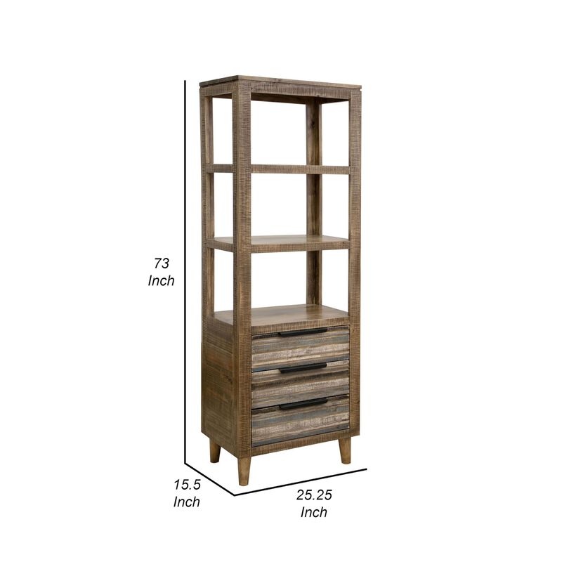 Benjara Tisha 73 Inch Bookcase, 3 Drawers, 3 Open Shelves, Solid Wood, Chalk, Brown and Blue