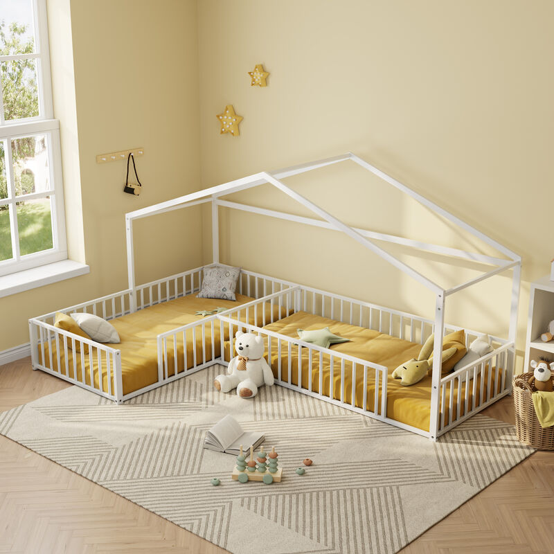 Merax Double Twin Size L-Shaped Montessori Bed, Metal Corner House Bed Frame with Fence image number 3