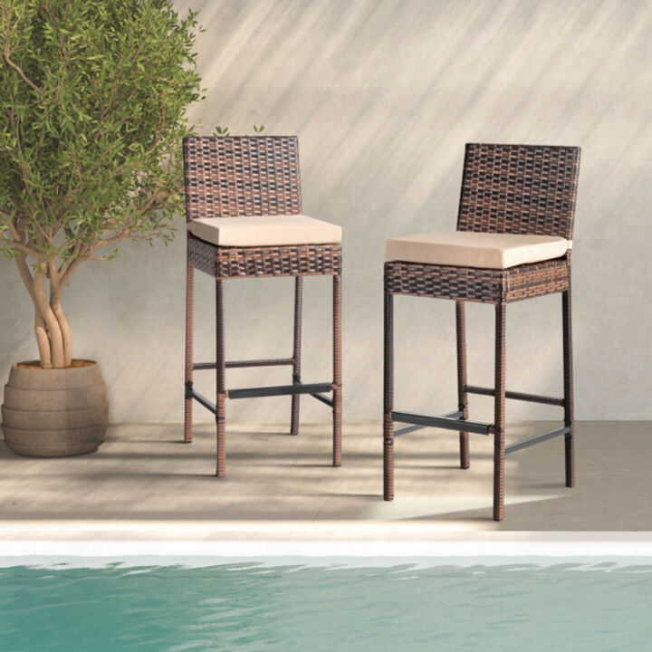 Set of 2 Patio Wicker Barstools Outdoor Bar Height Chairs with Cushions & Footrests for Patio, Porch, or Balcony