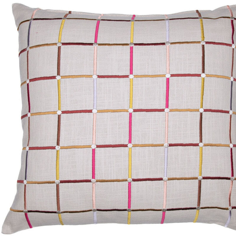 HomeRoots 24" White Check Cotton Blend Throw Pillow With Embroidery image number 5