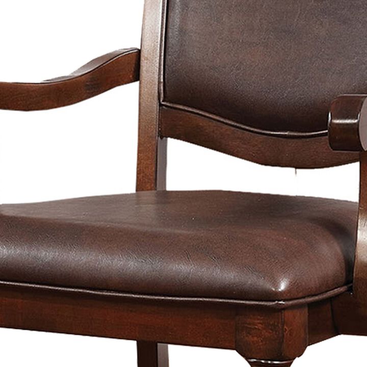 Wooden Arm Chair With Leather Upholstery, Cherry Brown, Set Of 2-Benzara