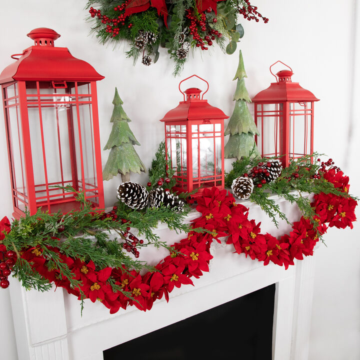 6' x 3" Red Artificial Poinsettia Floral Christmas Garland - Unlit