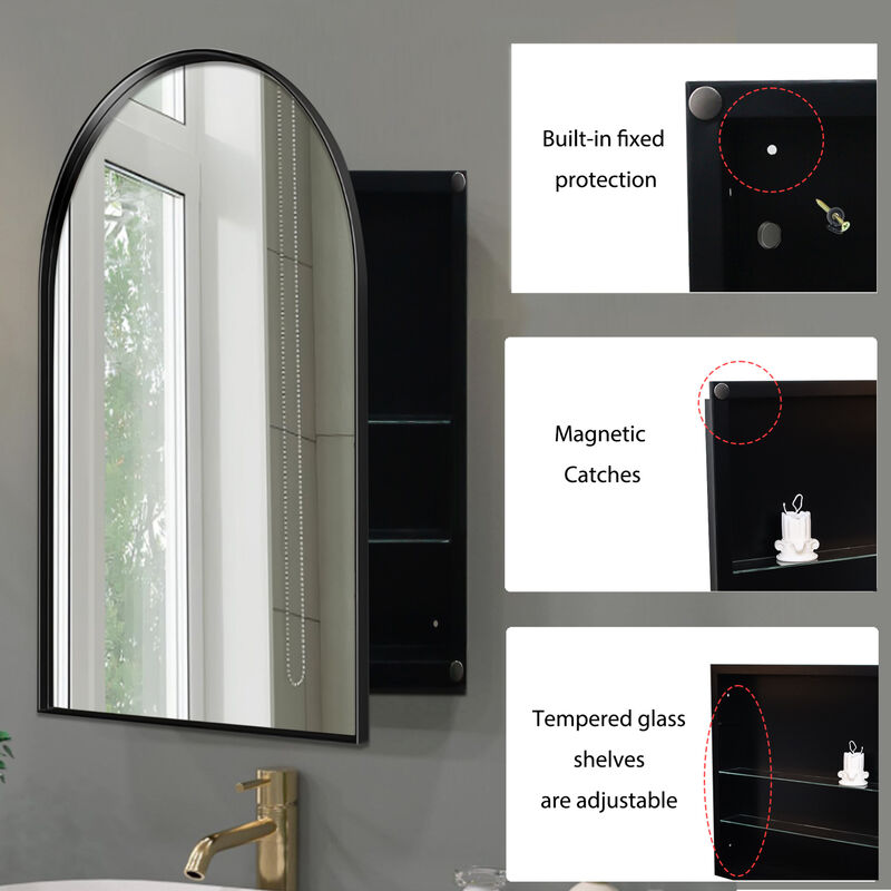 ELEMENT ACE 24x36 Inch Arched Recessed Medicine Cabinet with Adjustable Shelves and Metal Frame image number 7