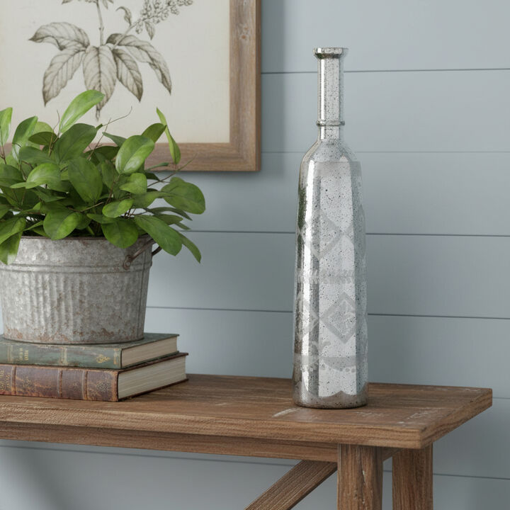 HomeRoots 30" Antiqued Silver Floral Glass Bottle Table Vase