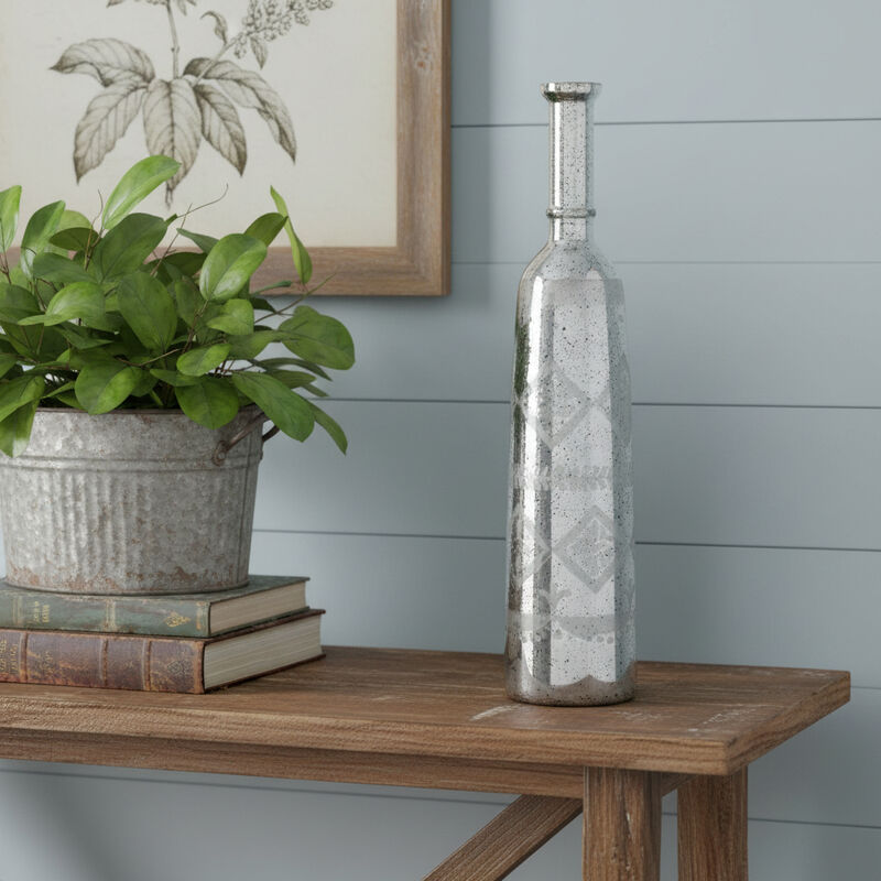 HomeRoots 30" Antiqued Silver Floral Glass Bottle Table Vase image number 1