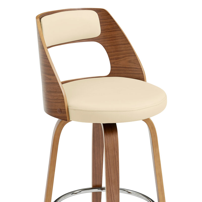 Axel Swivel Bar Stool in Brown Faux Leather and Walnut Wood