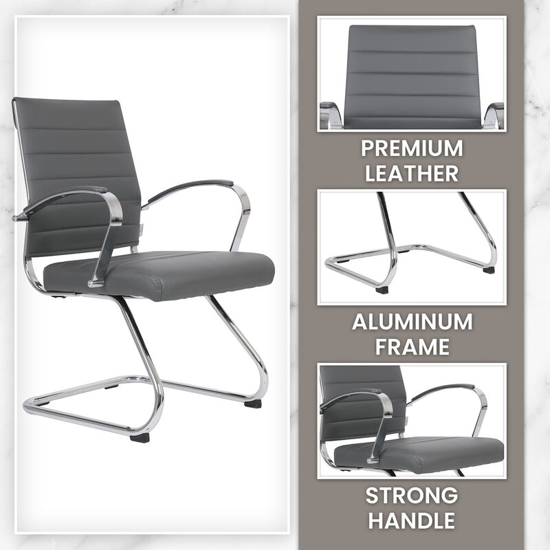 LeisureMod Benmar Guest Office Chair, Ribbed Leather Upholstery with Chrome Arms and Sled Base, Modern Desk Seating for Home or Conference Room
