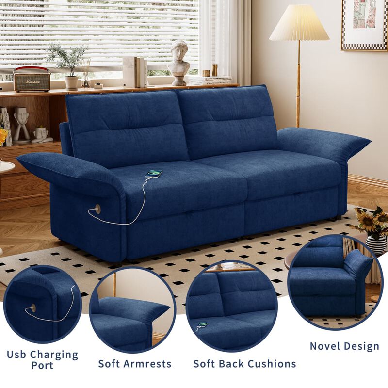 Convertible sleeper sofa bed, Plush fabric pull out futon with USB charging ports, 85 inch sofa bed for small spaces image number 6
