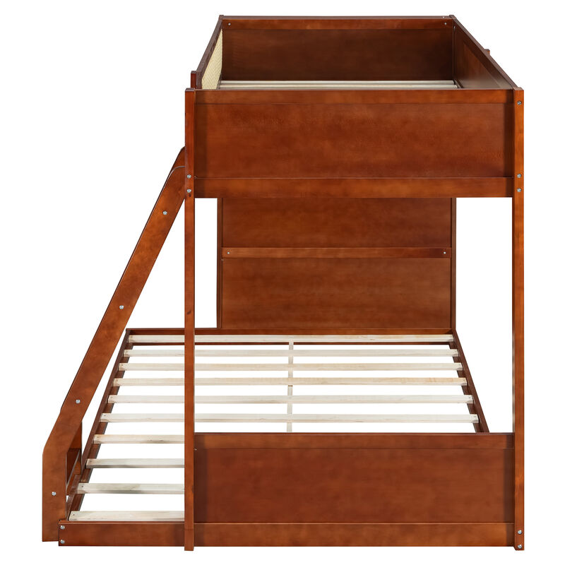 Merax Twin over Full Bunk Bed with Rattan Guardrail, LED Light & 4-Tier Side Bookshelf image number 4