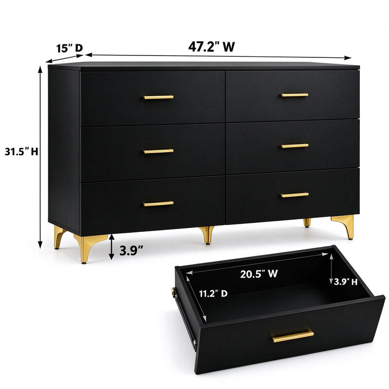 47" Black 6 Drawer Dresser with Gold Handles & Legs, Modern Glam Storage Cabinet image number 2