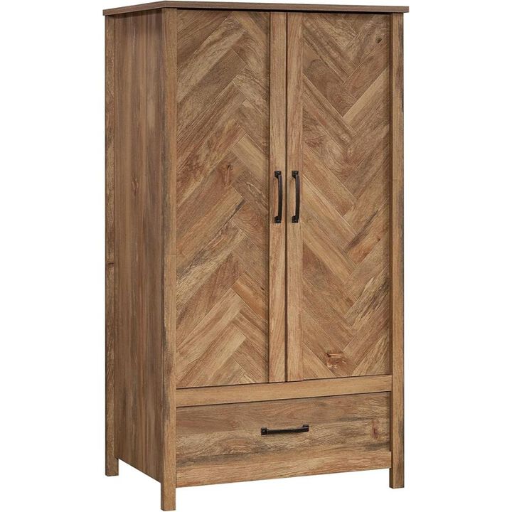 Hivvago FarmHouse Rustic Herringbone 1 Drawer Garment Rod Wardrobe Armoire