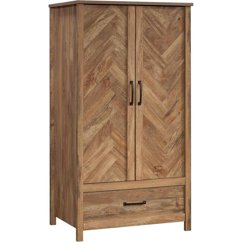 Hivvago FarmHouse Rustic Herringbone 1 Drawer Garment Rod Wardrobe Armoire