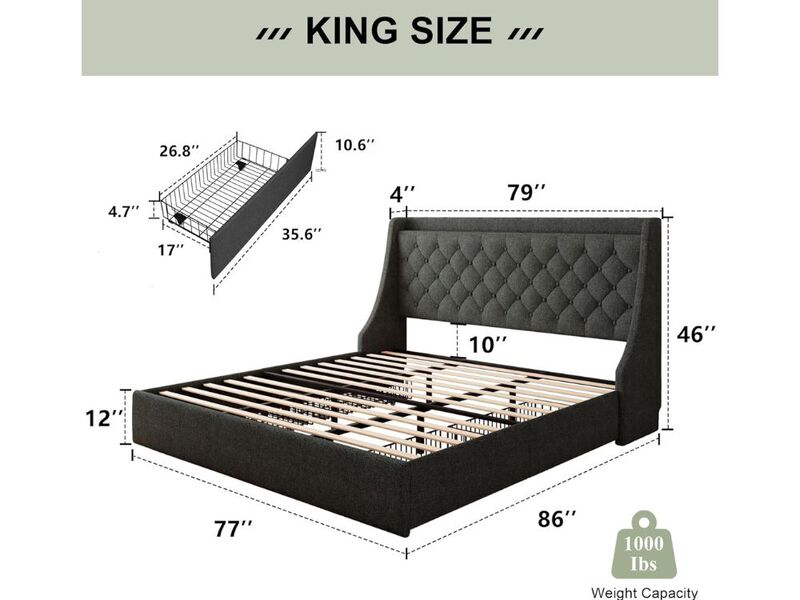 King Size Bed Frame With 4 Storage Drawers, Upholstered Storage Bed With Charging Station, Tufted Wingback Headboard, No Box Spring Needed, Dark Grey