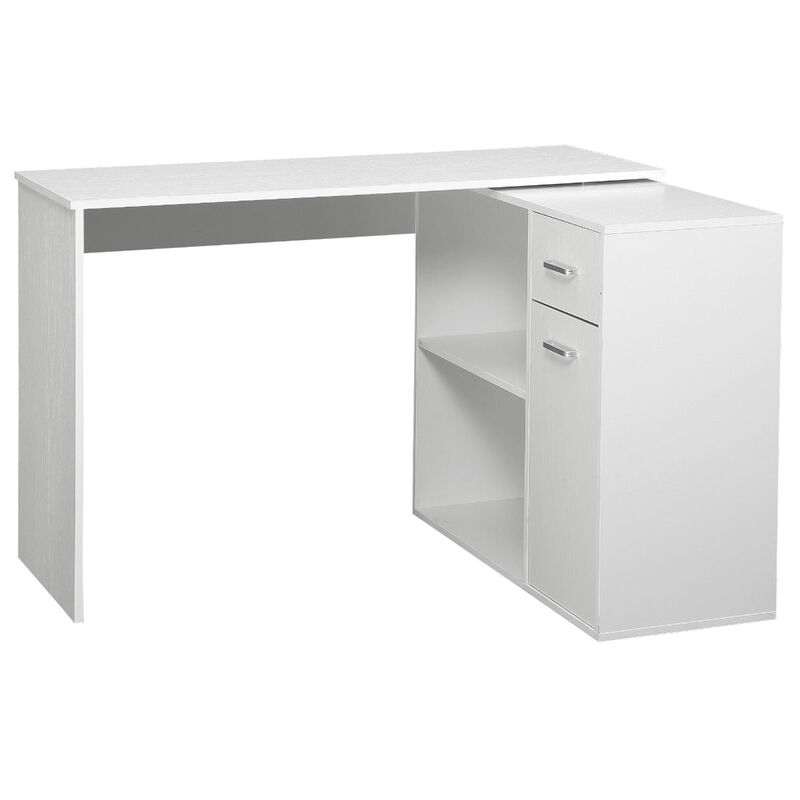 White Corner Workstation: L-Shaped Desk with Rotating Shelves & Drawer