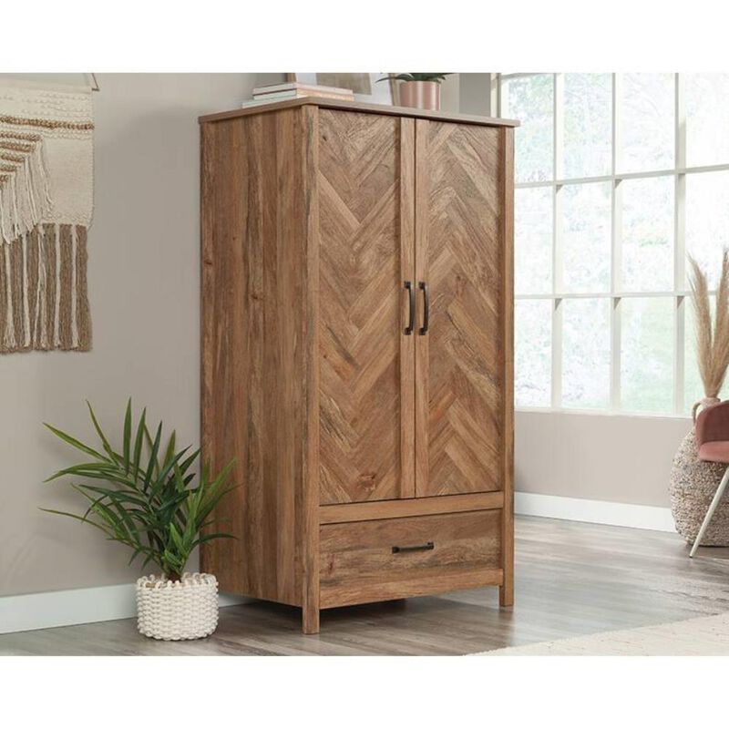 Hivvago FarmHouse Rustic Herringbone 1 Drawer Garment Rod Wardrobe Armoire