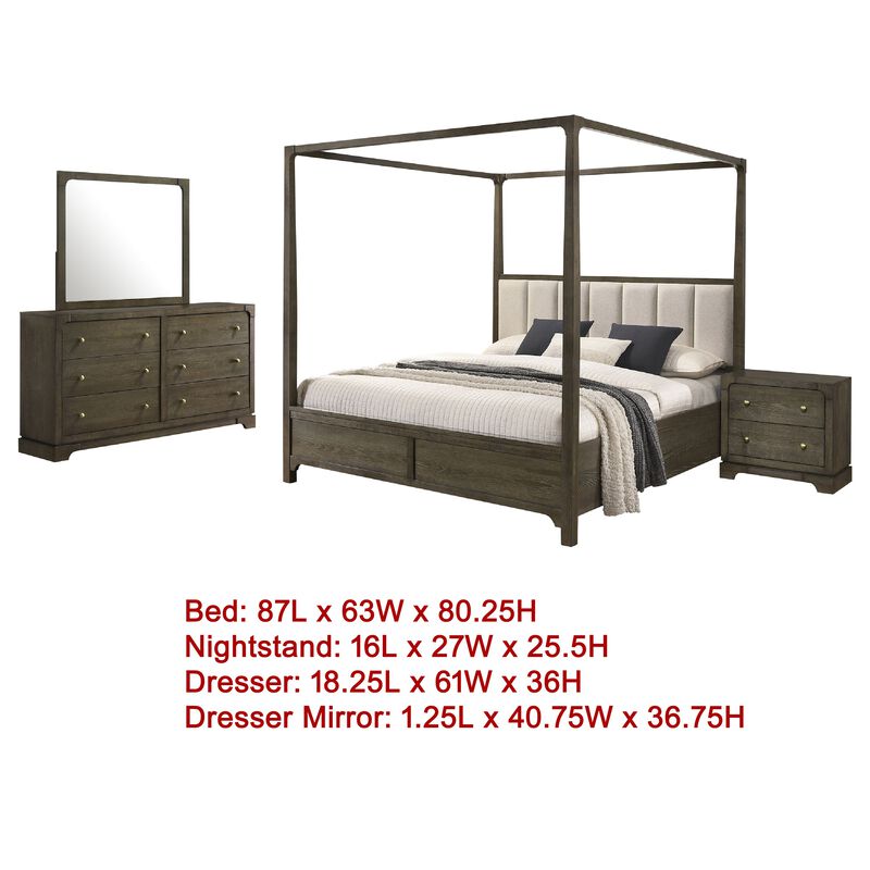 Seon 4pc Queen Bedroom Set, Dark Brown Solid Wood, Canopy Style Bed