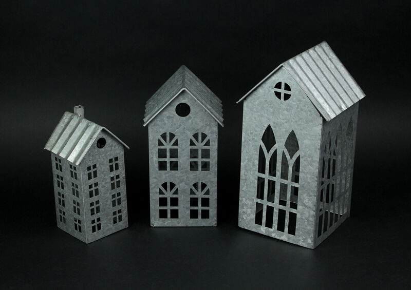 Set of 3 Country Farmhouse Galvanized Metal House Shaped Candle Holders image number 3