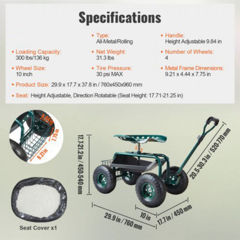 Rolling Yard Cart with Swivel Seat &ndash; Garden Workseat with Wheels, Steering Handle & Tool Tray for Lawn and Planting