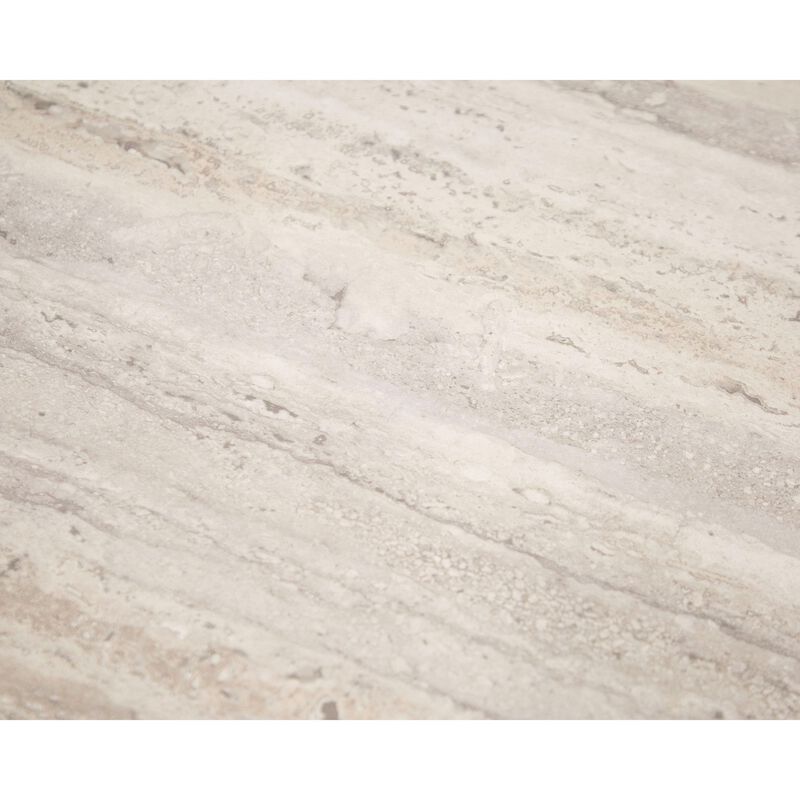 Lia 18 Inch End Table, Round Travertine Stone Finish Laminated Top