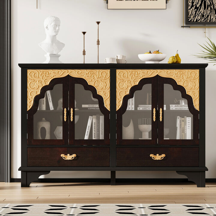 FUFU&GAGA Display Storage Cabinet with Glass Doors and Drawers, Solid Fir Wood Construction, Golden Carved Accents, (60.2 in. W x 15.7 in. D x 39.4 in. H), Brown