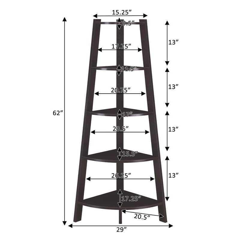 Convenience Concepts Newport 5 Tier Wide Corner Bookcase, Espresso