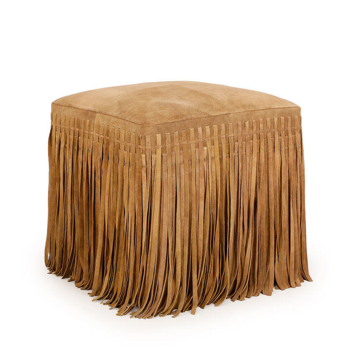 Daphne Square Saddle Brown Suede Fringe Ottoman