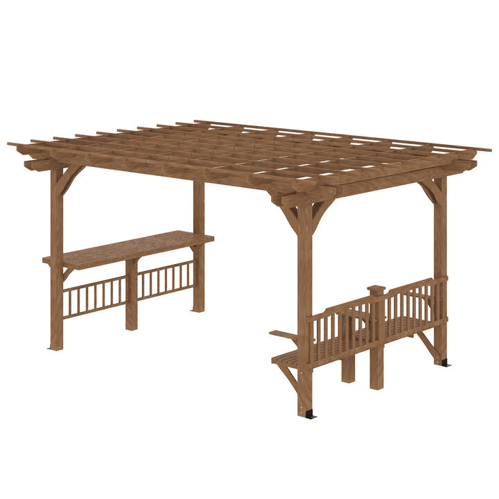Outsunny 14' x 10' Outdoor Pergola, Wooden Grill Gazebo with Bar Counters and Seating Benches, for Garden, Patio, Backyard, Deck