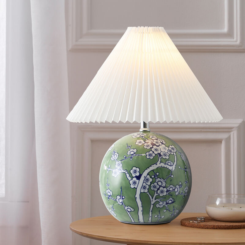 Shishen Cottage Classic Chinoiserie Ceramic Orb LED Table Lamp with Pleated Shade