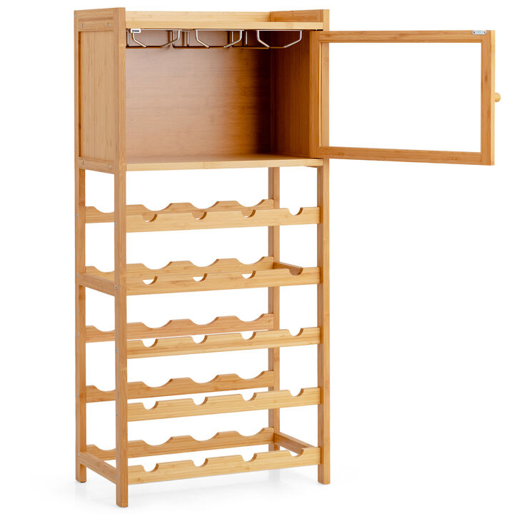 20-Bottle Freestanding Bamboo Wine Rack Cabinet with Display Shelf and Glass Hanger-Natural