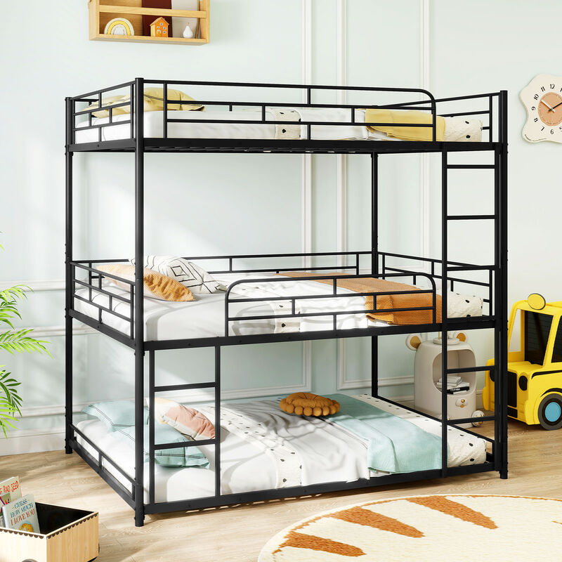Black Metal Triple Bunk Bed with Guardrails and Dual Ladders for Kids image number 3