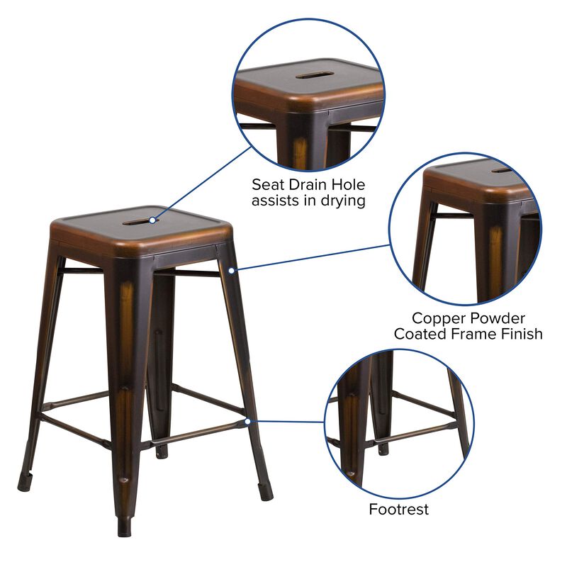 Flash Furniture Commercial Grade 24" High Backless Distressed Copper Metal Indoor-Outdoor Counter Height Stool