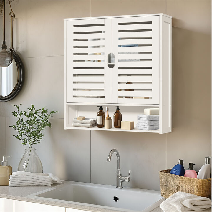 Bamboo Wall Cabinet Medicine Cabinet Storage Organizer Double Doors 3 Tier Shelf