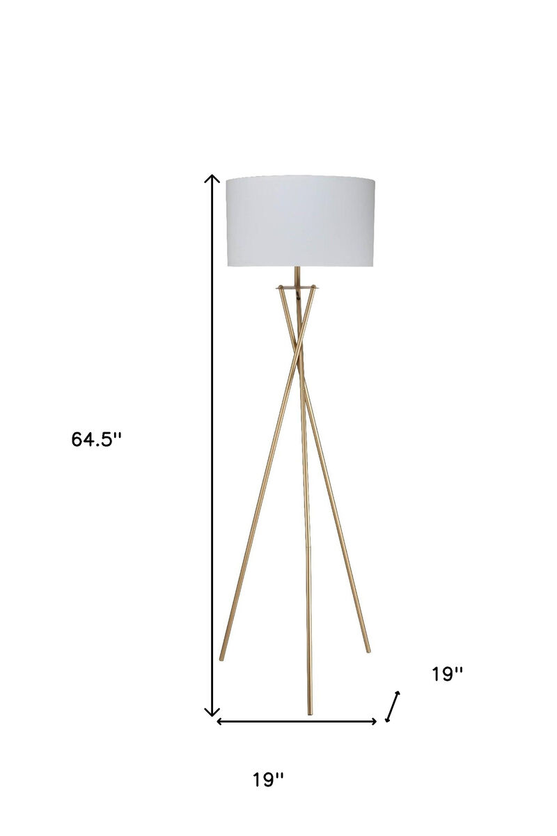 Hivvago 65" Gold And White Tripod Floor Lamp With White Fabric Drum Shade