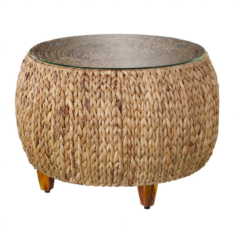 Hivvago 28 Inch Natural And Natural Brown Glass And Solid Wood Round Coffee Table