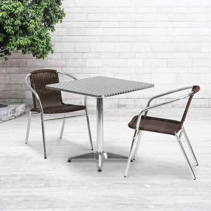 Flash Furniture 27.5'' Square Aluminum Indoor-Outdoor Table Set with 2 Dark Brown Rattan Chairs