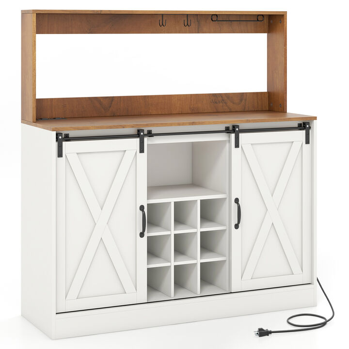 Farmhouse Coffee Bar Cabinet with Charging Station and Sliding Barn Doors