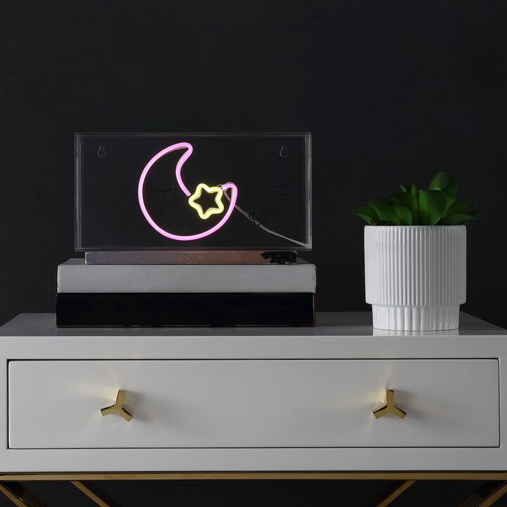 Moon 11.8" Contemporary Glam Acrylic Box USB Operated LED Neon Light, Pink/Yellow
